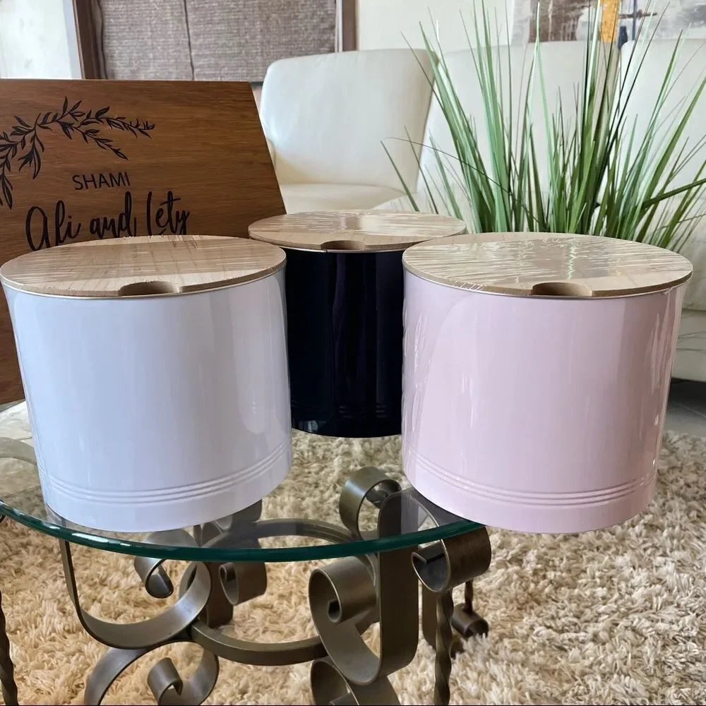 NWT New & Sealed White Metal Aluminum with Wood Lid Storage Container Canister